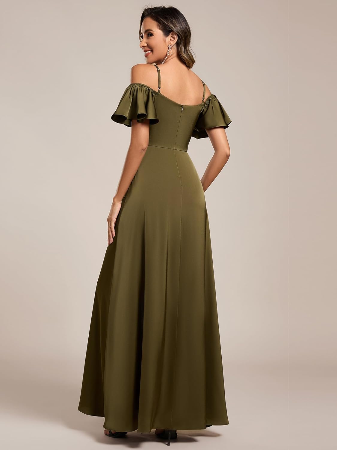 Ever-Pretty Women's Elegant Cold Shoulder Floor-Length A-Line Side Slit Satin Formal Dress 00437