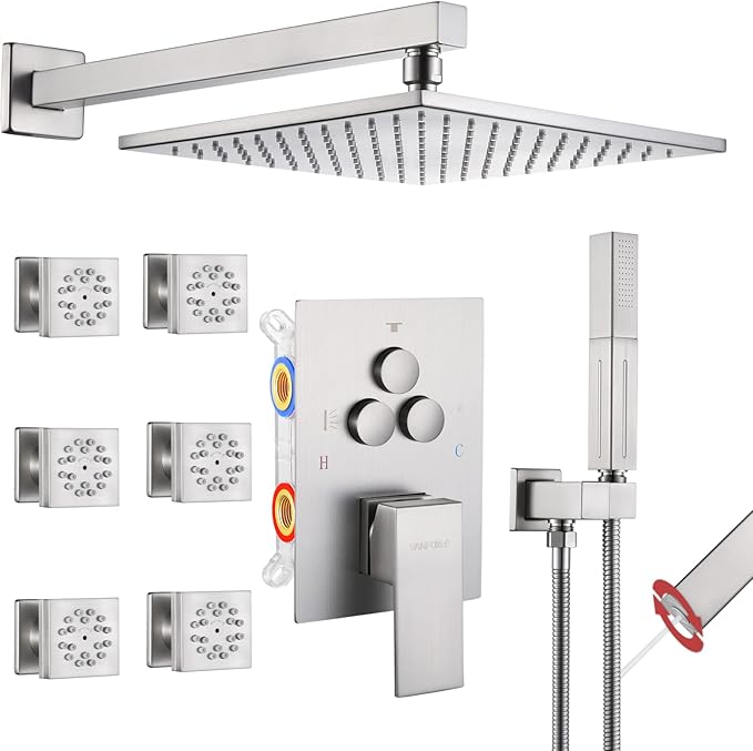 VANFOXLE Shower Faucet Set Brushed Nickel Shower System,Push Button
