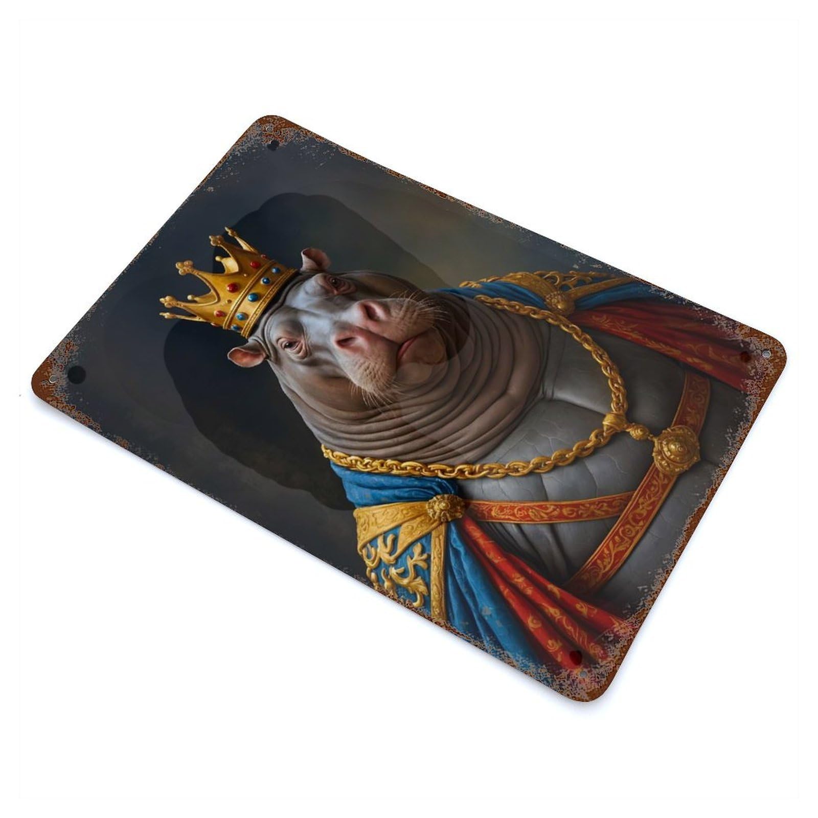 Aged Metal Wall Plaque with Hippopotamus King Design 11.8"x7.9", for Farmhouse, Kitchen And Entryway Decor, Retro Wall Decor