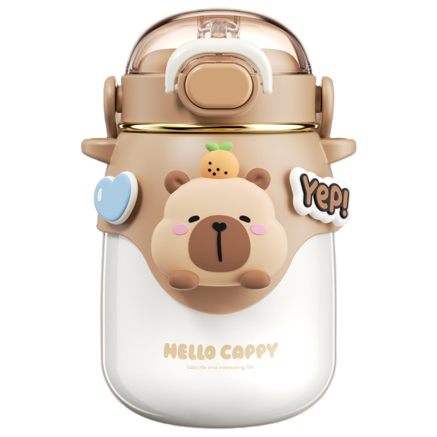 Capybara Water Bottle with Lid & Silicone Straw 700ml Stainless Steel Cute Water Bottle Portable Drinking Cup with Handle and Adjustable Strap for Office School Travel Girls, White Kawaii Drinking Cup