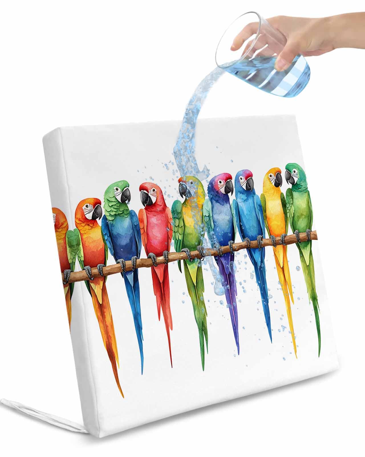 2 Pack Colorful Parrot Waterproof Cushion Covers with Ties, Outdoor Patio Chaise Lounge Chair Seat Cushion Slip Covers Replacement(Only Cover) Watercolor Modern Funny Animal Bird 20