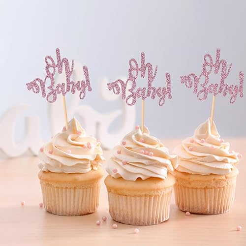 Miniatura 3 de 48 piezas de decoración de cupcakes con purpurina rosa Oh Baby para baby shower, revelación de género, fiesta, decoración de pasteles..