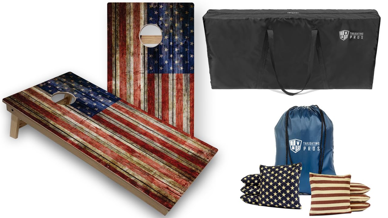 Tournament Grade Tailgating Pros American Flag Wooden Plank Design Cornhole Board Set w/Bean Bags and Carrying Case - 4'x2' Corn Hole Toss Game w/Built in Lights