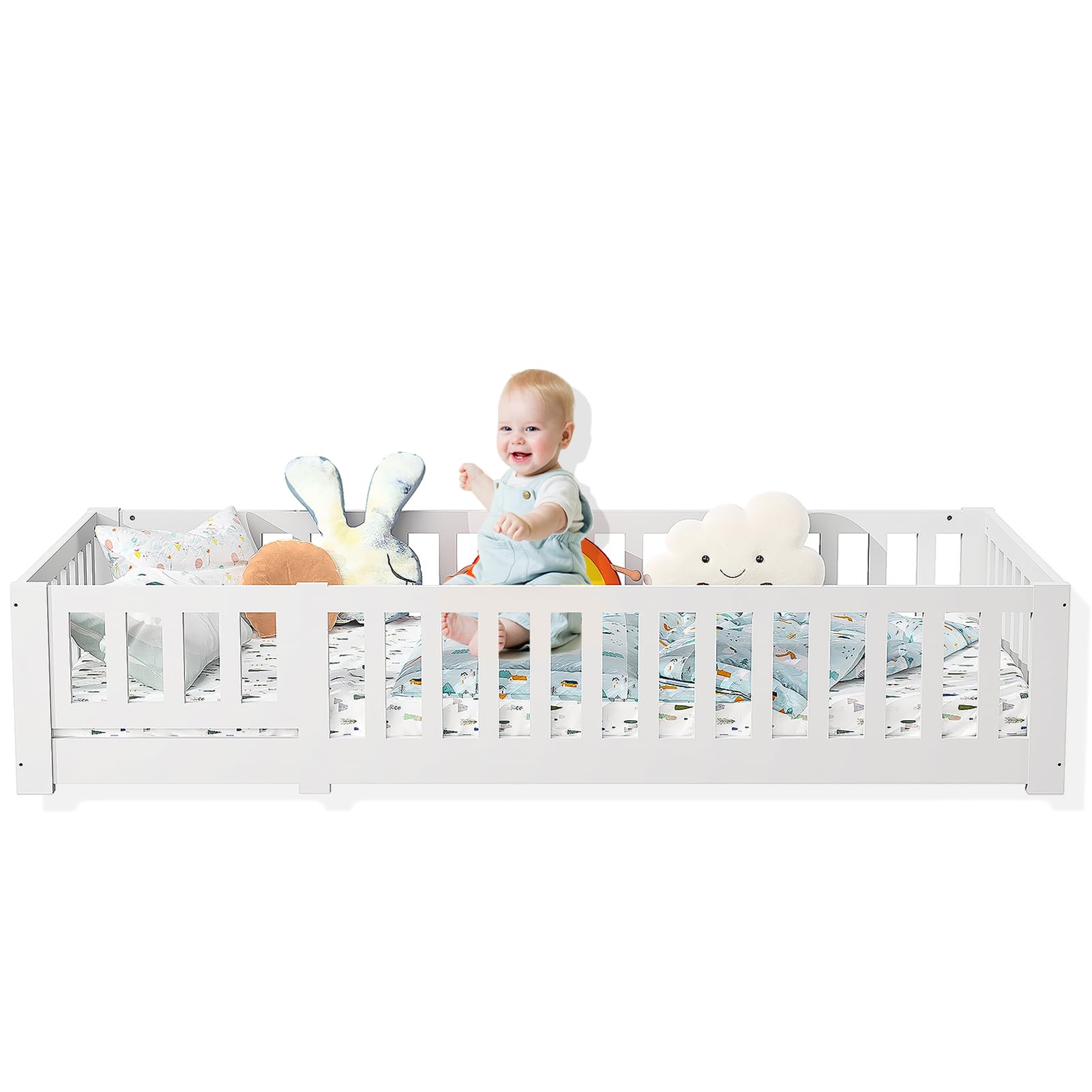 Bodenbett Kinderbett 90x200 cm, Montessori Bett Kinder mit Rausfallschutz inkl. Lattenrost, Einzelbett mit Babytür, Rahmenbetten aus Kiefer Massivholz, Bettgestell Jugendbett, Weiß
