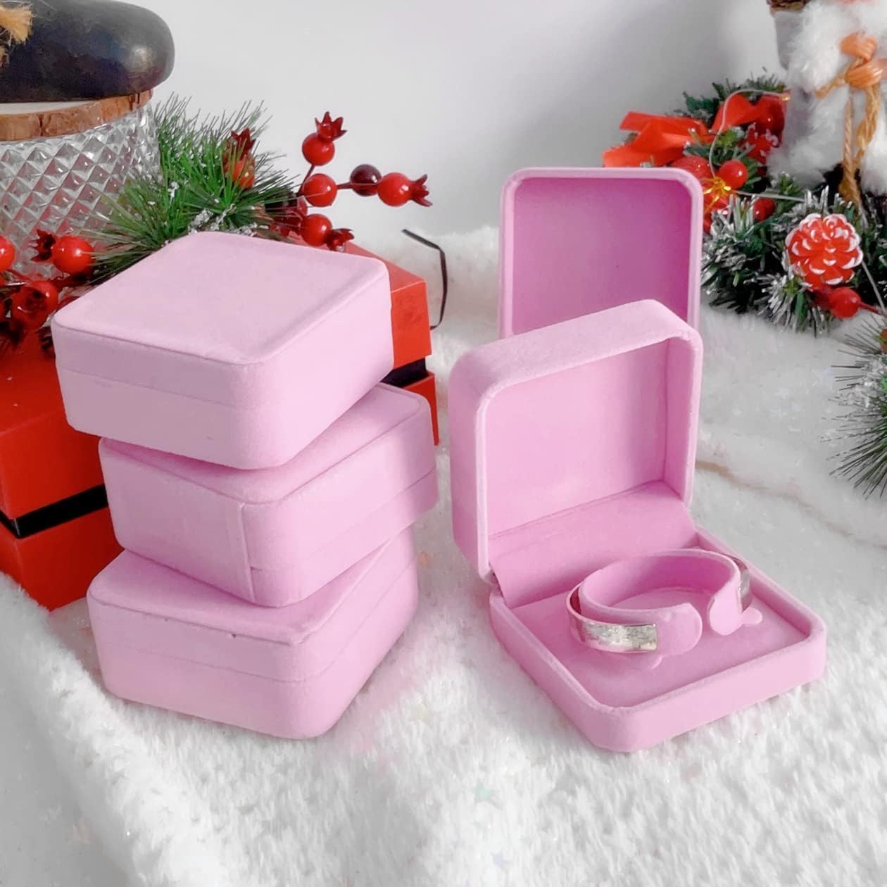 QTMY 5 Pack Pink Velvet Bangle/Bracelet Gift Box Jewelry Storage Box Accessories Case
