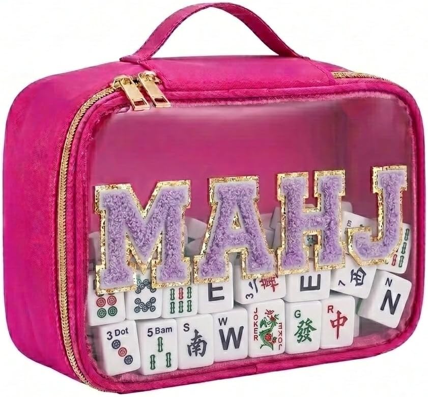 Empty American Mahjong Tile Bag with Handle, Clear Transparent Travel Case with Chenille MAHJ Letters, Zipper Storage Organizer, 8.66x5.52x3.15 Inch Peach Red