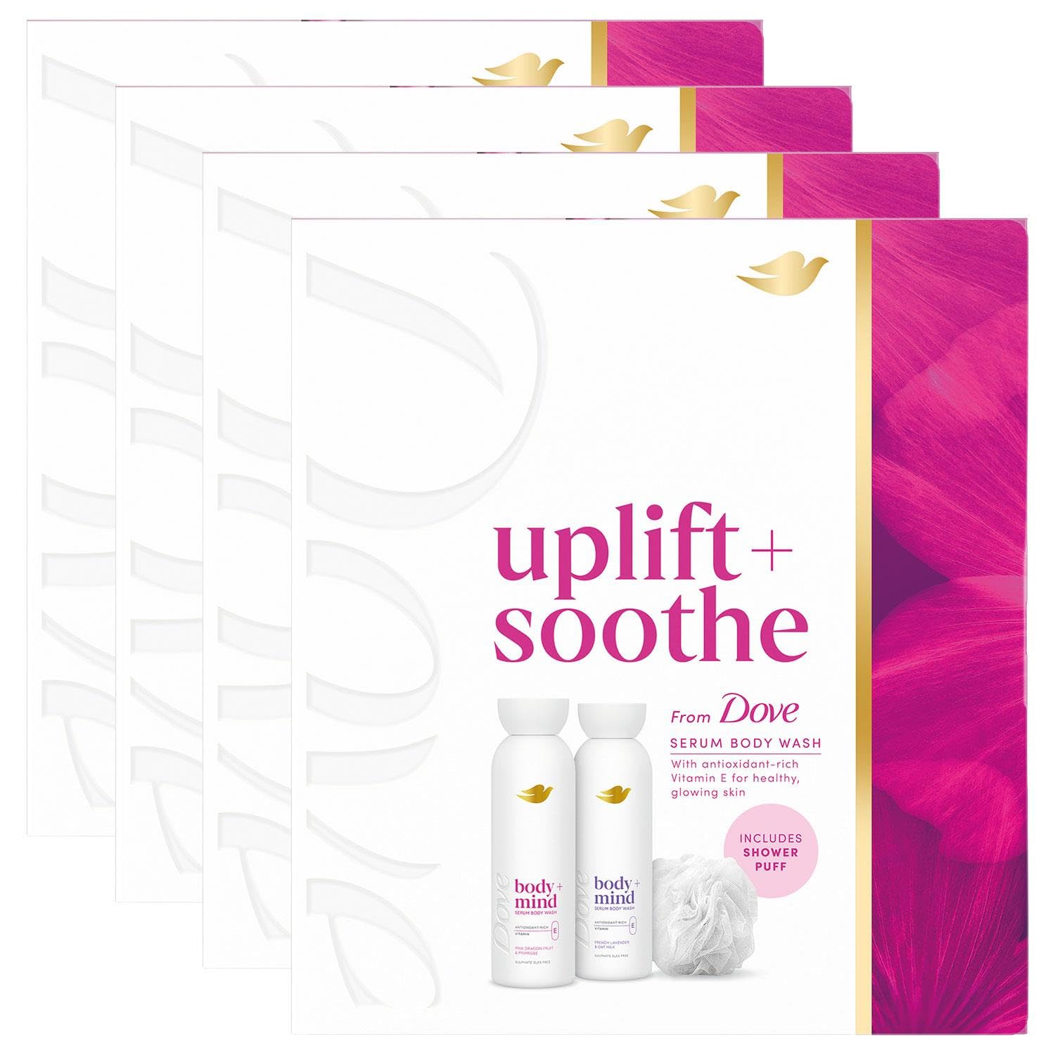 Body + Mind Gift Set- 4 Pack, Serum Body Wash with Dragon Fruit and Lavender, Shower Puff Included, Skin Nourishing Self-Care Essentials, Uplifting and Calming Fragrance Duo, Daily Skincare Gift