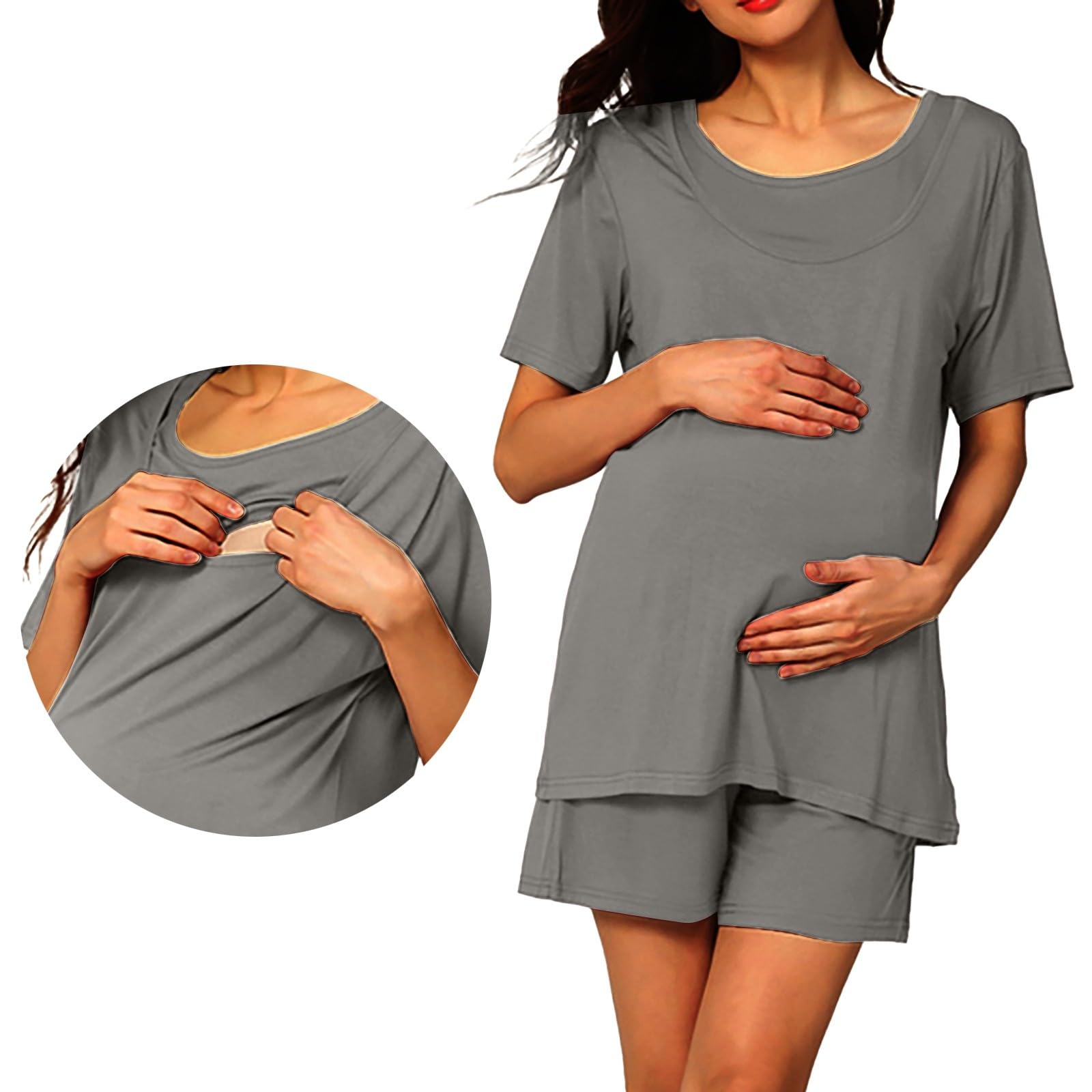 Generisch Maternity Sleep & Damen Stillpyjama-Set doppellagig Schwangerschaftspyjama Wochenbett-Set Stilloberteil Shorts zweiteilig