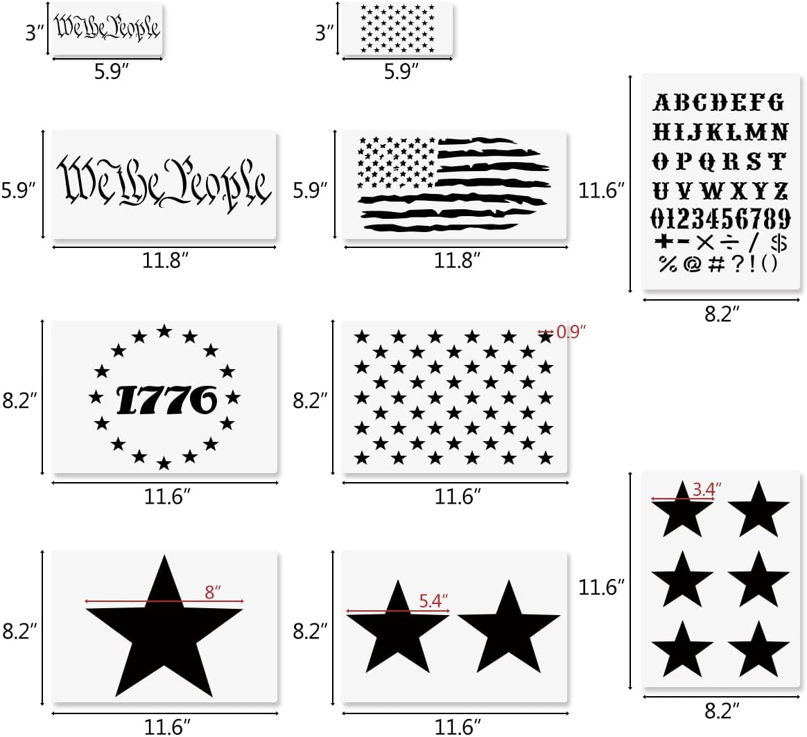 We The People American Flag Stars Stencils, 12 Pcs Reusable Patriotic Stencils, 1776 Stars We The People English Letters Stencils for Painting on Wood Fabric Wall Home Decor Independence Day