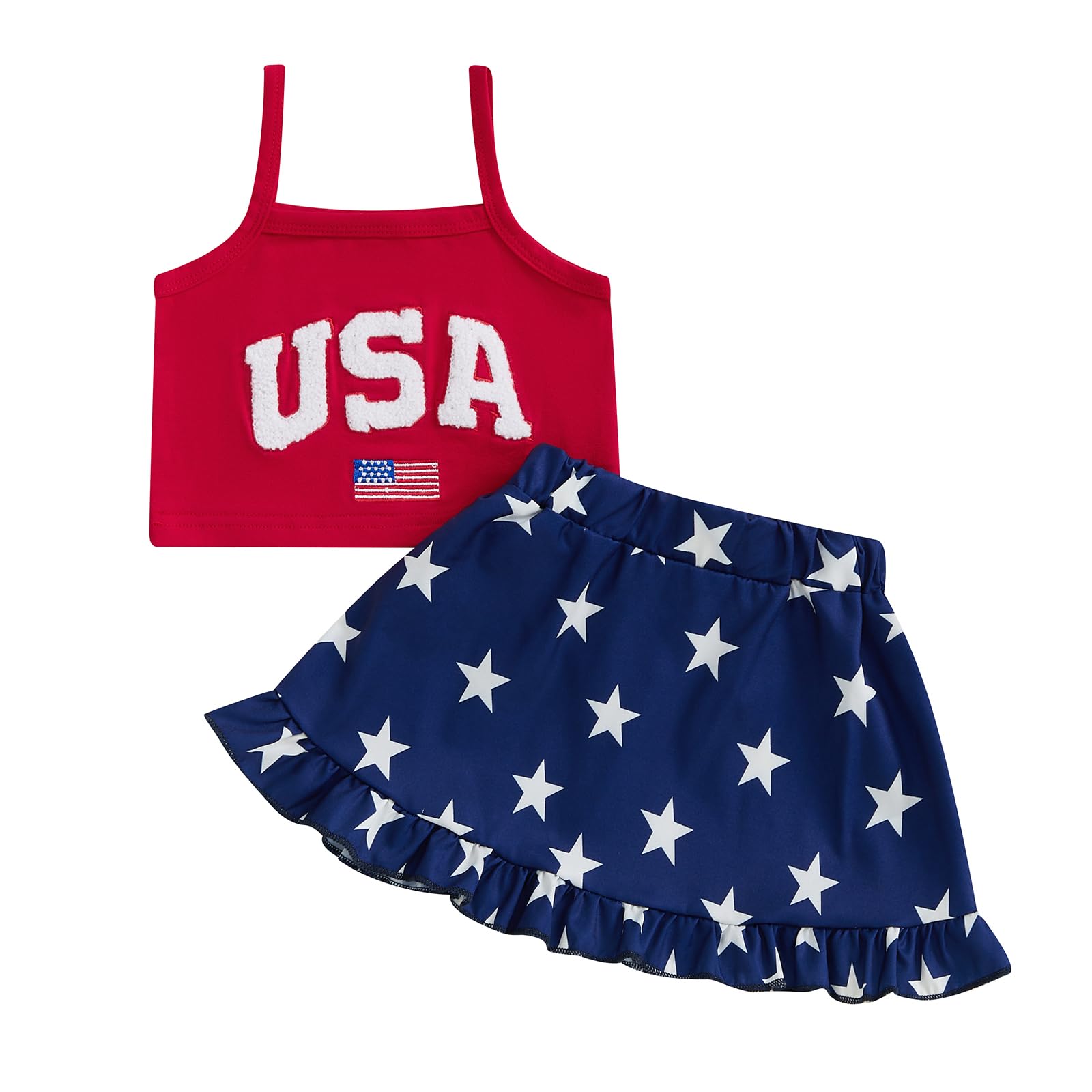 niceclould 4th of July Toddler Girl Outfits USA Flag Embroidery Sleeveless Tank Top Star Print Skirts Set 2Pcs Summer Clothes (A-Red, 12-18 Months)