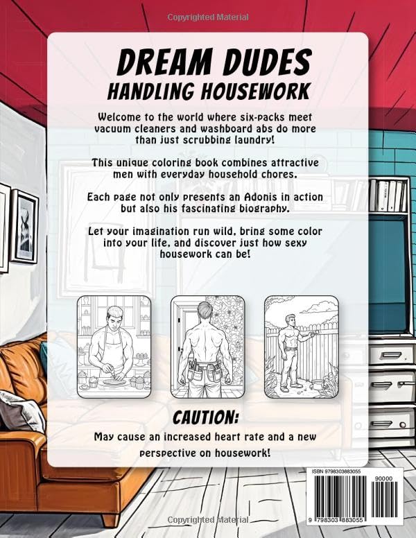 Half Naked Housework Heroes: Buff, Bare, and Broom-Ready - Cheeky NSFW Coloring Book for Adults: Topless dudes doing chores image 3