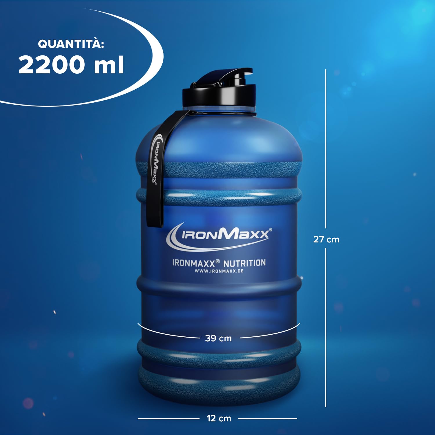 IronMaxx Water Gallon - Borraccia da 2200 ml a Prova di Perdite - Priva di BPA - Adatta per lo Sport - Blu Satinato