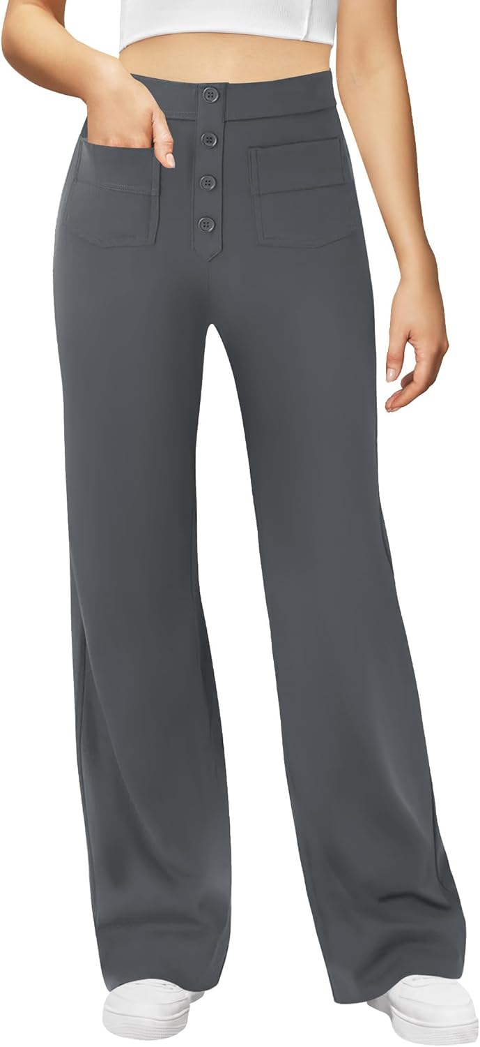 SEAJOJO Women's High Waisted Button Multiple Pockets Work Pants, Straight Leg Casual Stretchy Business Trousers