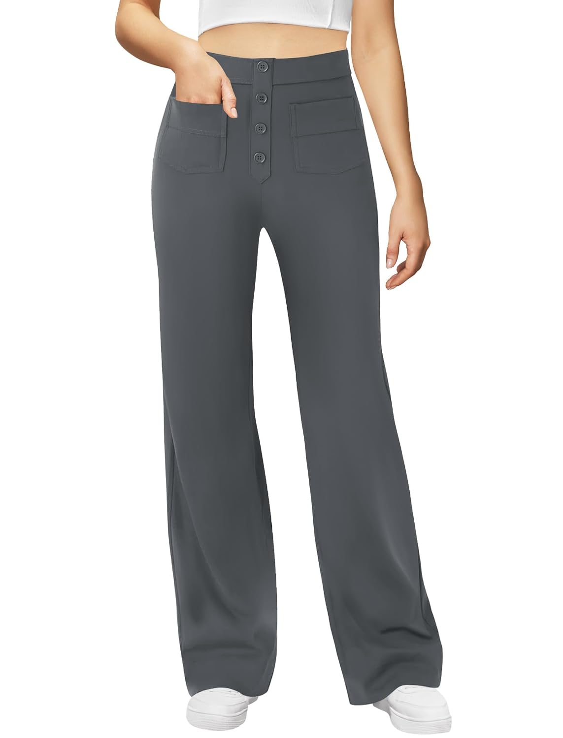 Womens High Waisted Button Multiple Pockets Work Pants Straight Leg Casual Stretchy Business Trousers