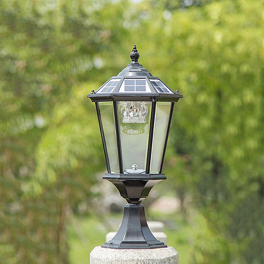 HCIPJQY European Solar Post Light Outdoor, Rustic Farmhouse Solar Column Cap Lamp with Pier Mount Base, Antique Bronze Deck Lighting Outside Post Cap Lights Fixture for Patio Garden Pathway
