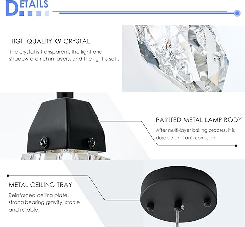 Miniatura 2 de Lámpara colgante de cristal negro con cristales de prisma y LED que mejora el ambiente de la isla de cocina, baño, dormitorio y bar