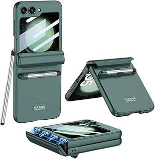 BAILI Capa para Galaxy Z Flip5 com caneta, capa para Galaxy Z Flip5 com dobradiça magnética, capa ultrafina para Galaxy Z Flip 5 com caneta S capacitiva integrada, película protetora de tela pequena e suporte para caneta S - verde