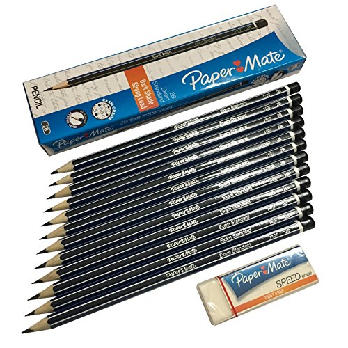 Paper Mate 2B Graphite Pre-Sharpened Wood Exam Standard Wood Pencils (Box of 12) + 1 Paper Mate Speed Dust Free Eraser