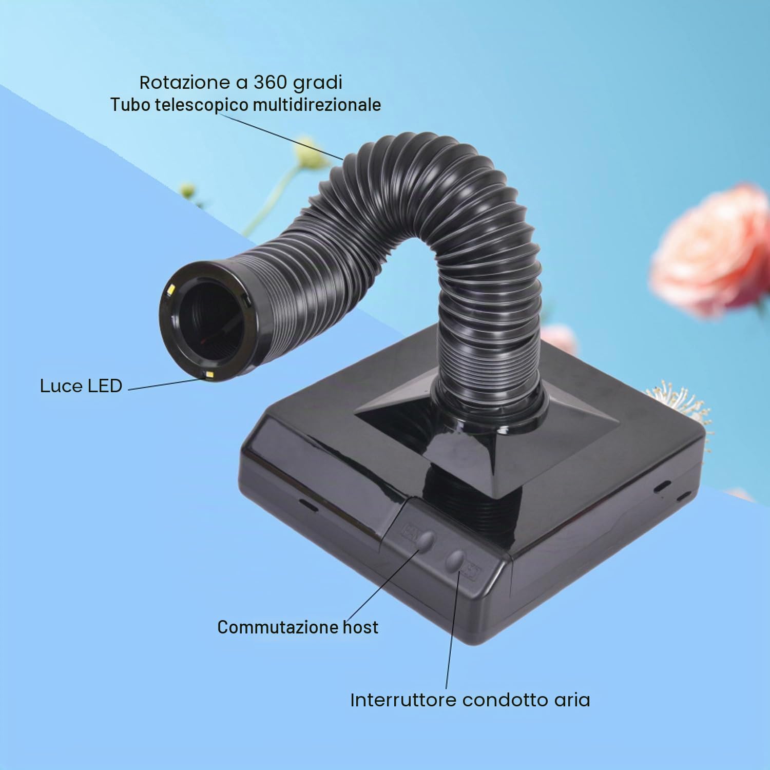 Aspiratore per unghie 60W 2 in 1 Potente mini aspirapolvere da tavolo Illuminazione a LED Tubo telescopico a basso rumore da 360 gradi Risparmio energetico Può contenere piccoli oggetti,Bianca