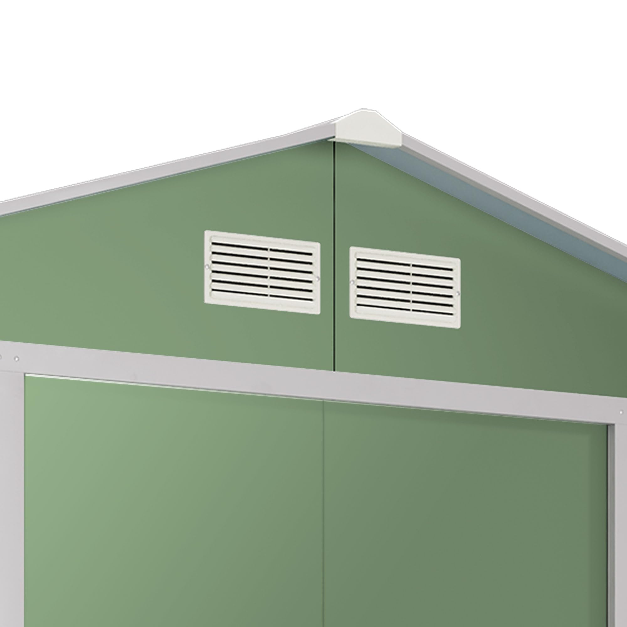 Wasabi - Casetta giardino esterno 2,57 m2 Light Green - 4 griglie anticondensa - verde e beige - doppia porta scorrevole - tetto a due falde - capannone in metallo per stoccaggio esterno
