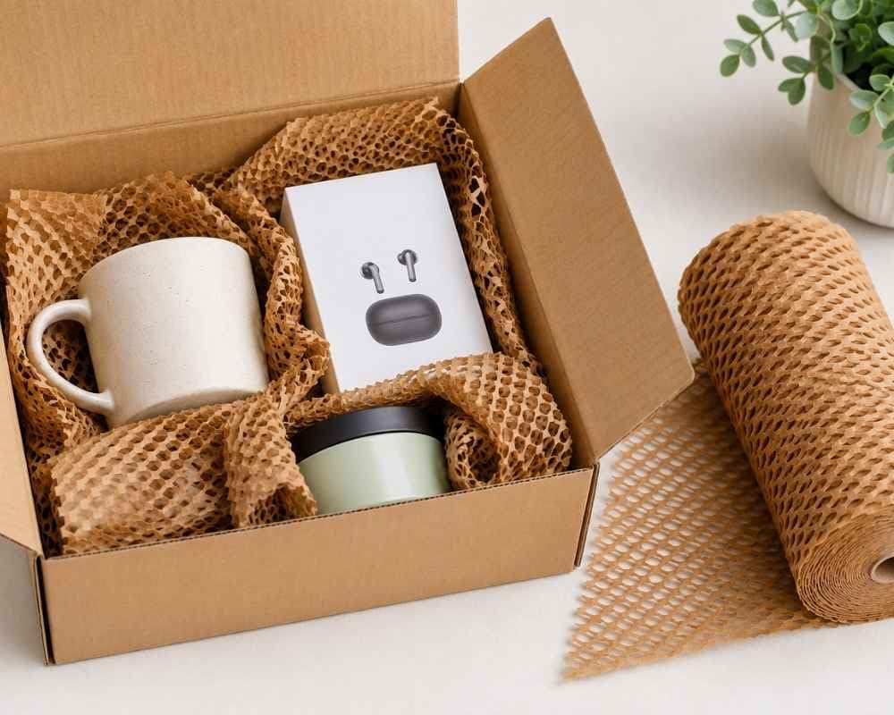 Wabenpapier Rolle 40cm x 250m Packpapier | 80g/m² Kraftpapier | Stoßdämpfendes Polsterpapier | 100% plastikfrei & recyclebar | Verpackungsmaterial für Gewerbe & Versand (1)