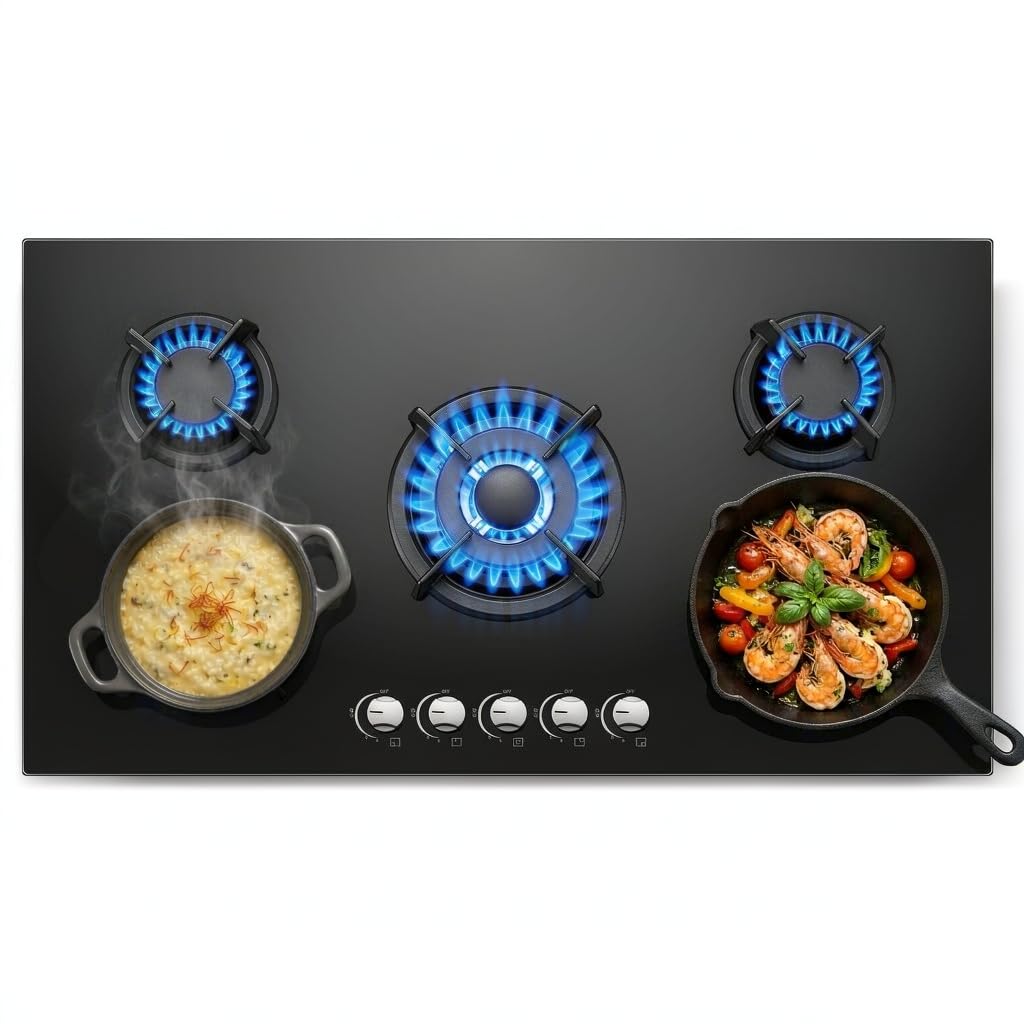 SNDOAS Encimera Gas Butano 5 Fuegos 90 cm, 10460 W, Vidrio Templado Negro
