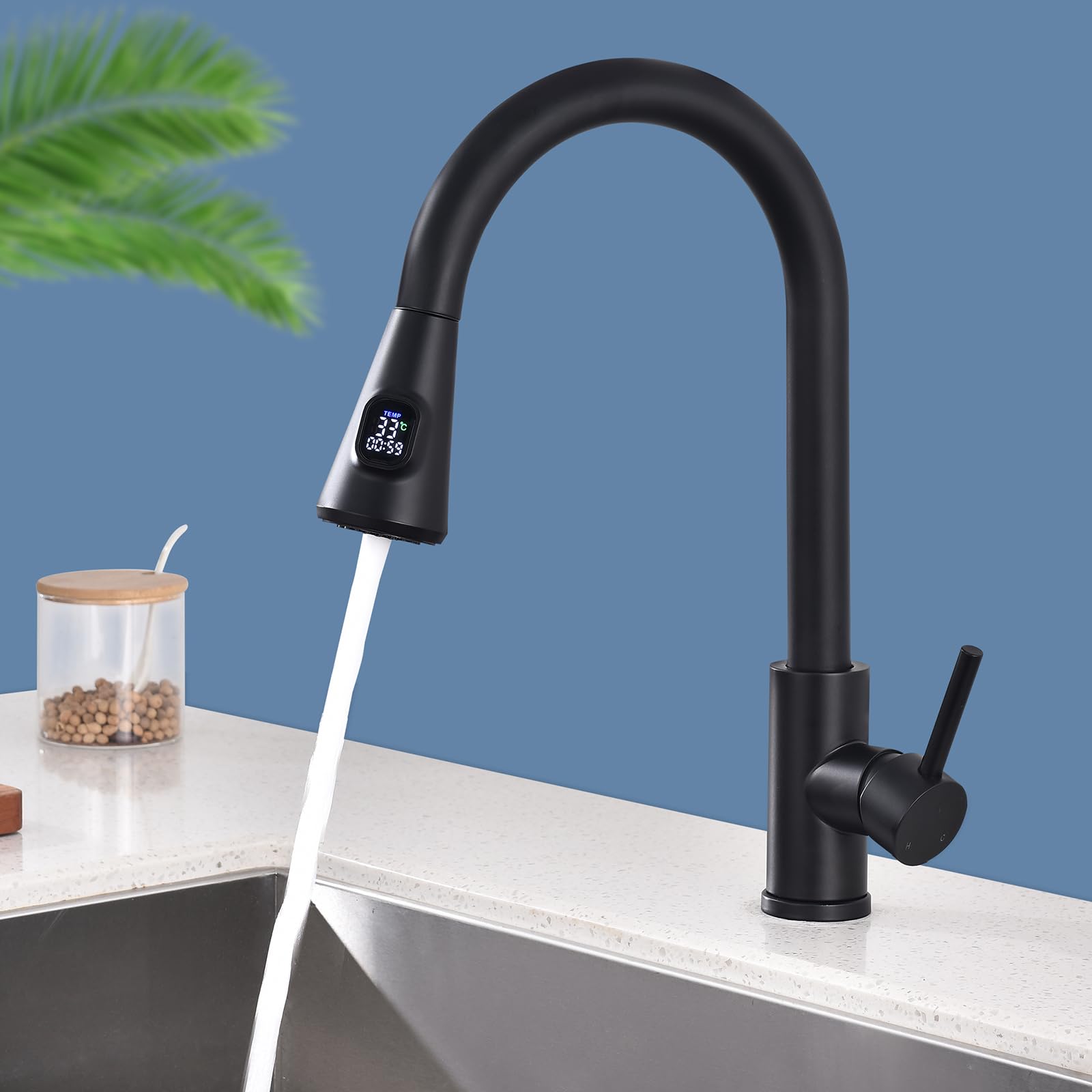 HOMELODY Wasserhahn Küche Schwarz, Küchenarmatur mit LED-Temperaturanzeige