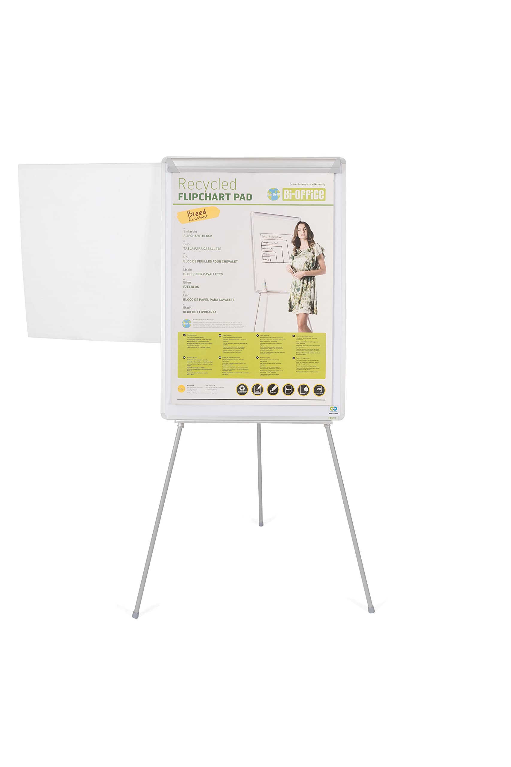 Bi-Office Lavagna Portablocco Earth, Cavalletto Treppiedi Eco-sostenibile Con Bracci Estensibili, Superficie In Acciaio Laccato Cancellabile a Secco Magnetica, 700 x 1000 mm (Euro)