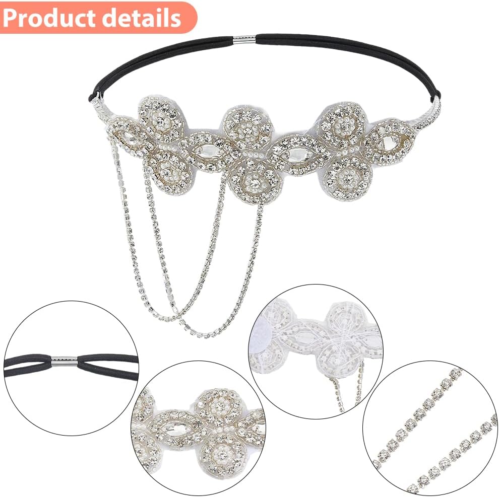1Pc Silver Flapper Headband 1920s Crystal Great Gatsby Headpiece Rhinestone Pearl Flower Tassel Chain Vintage Hair Accessories for Women Evening Dresses Bridal Wedding Party Accessories - Image 5
