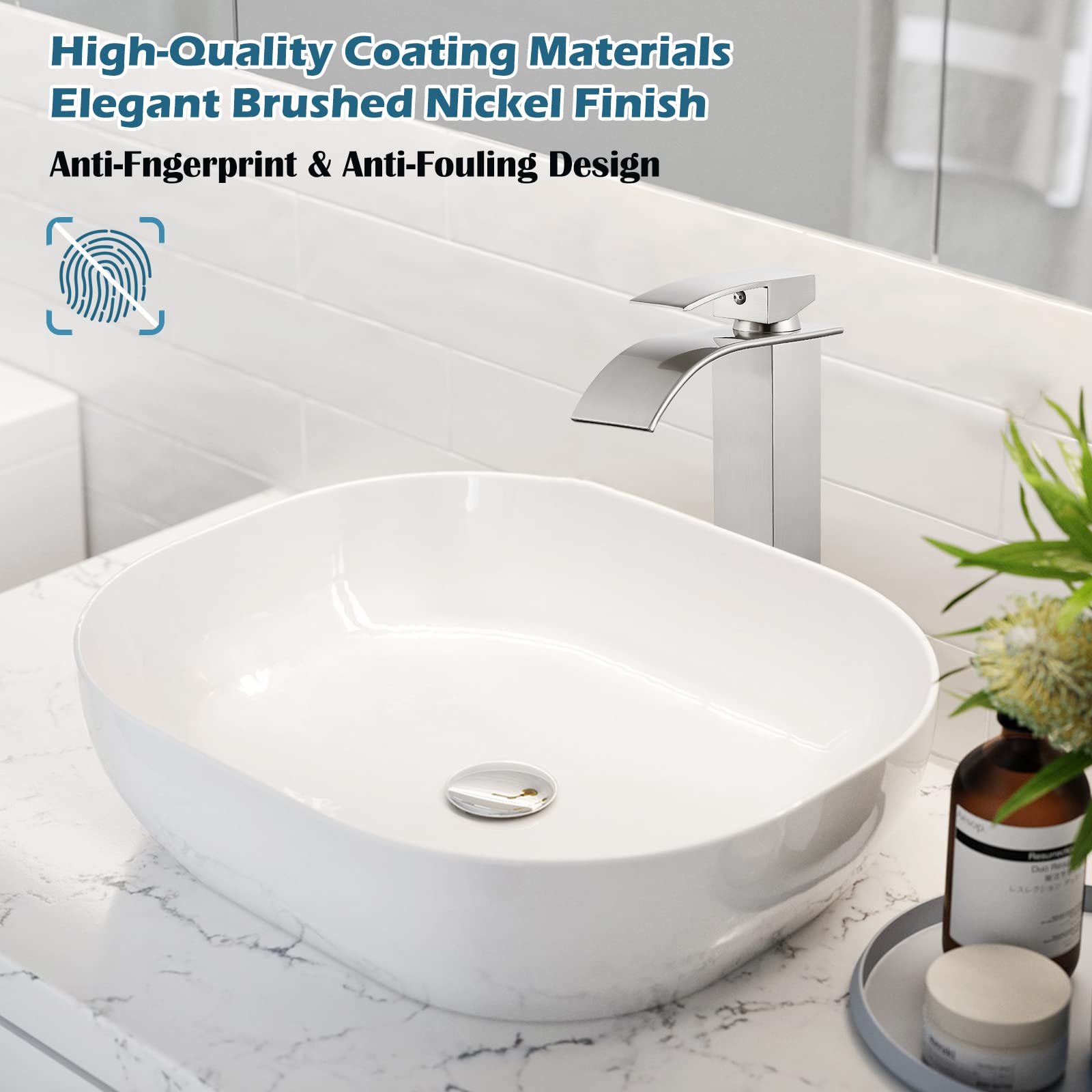 Midanya Brushed Nickel Tall Waterfall Bathroom Bowl Vessel Sink Faucet Single Handle Single Hole Deck Mount Mixer Tap with Large Rectangular Spout Sink Faucet Lavatory Vanity