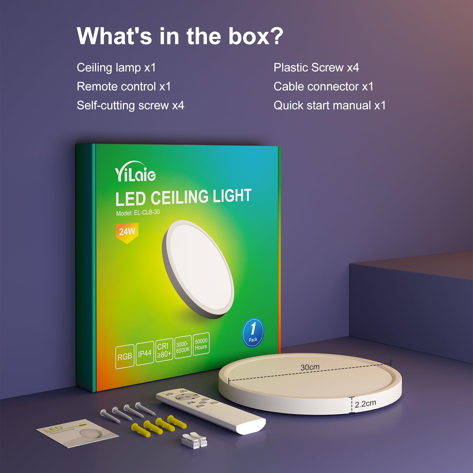 YiLaie Plafonnier LED Dimmable Télécommande,24W RGB Rond luminaire plafonnier,2700LM éclairage de plafond,3000K-6500K Lampe Plafond Moderne Pour Salle de bain,Salon,Chambre,Etanche IP44,Ø30CM