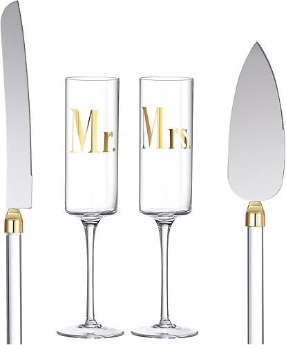 Boao Juego de 4 flautas para tostadas de boda y servidor de pasteles, suministros de recepción de boda, copas de champán, cuchillo para tartas,