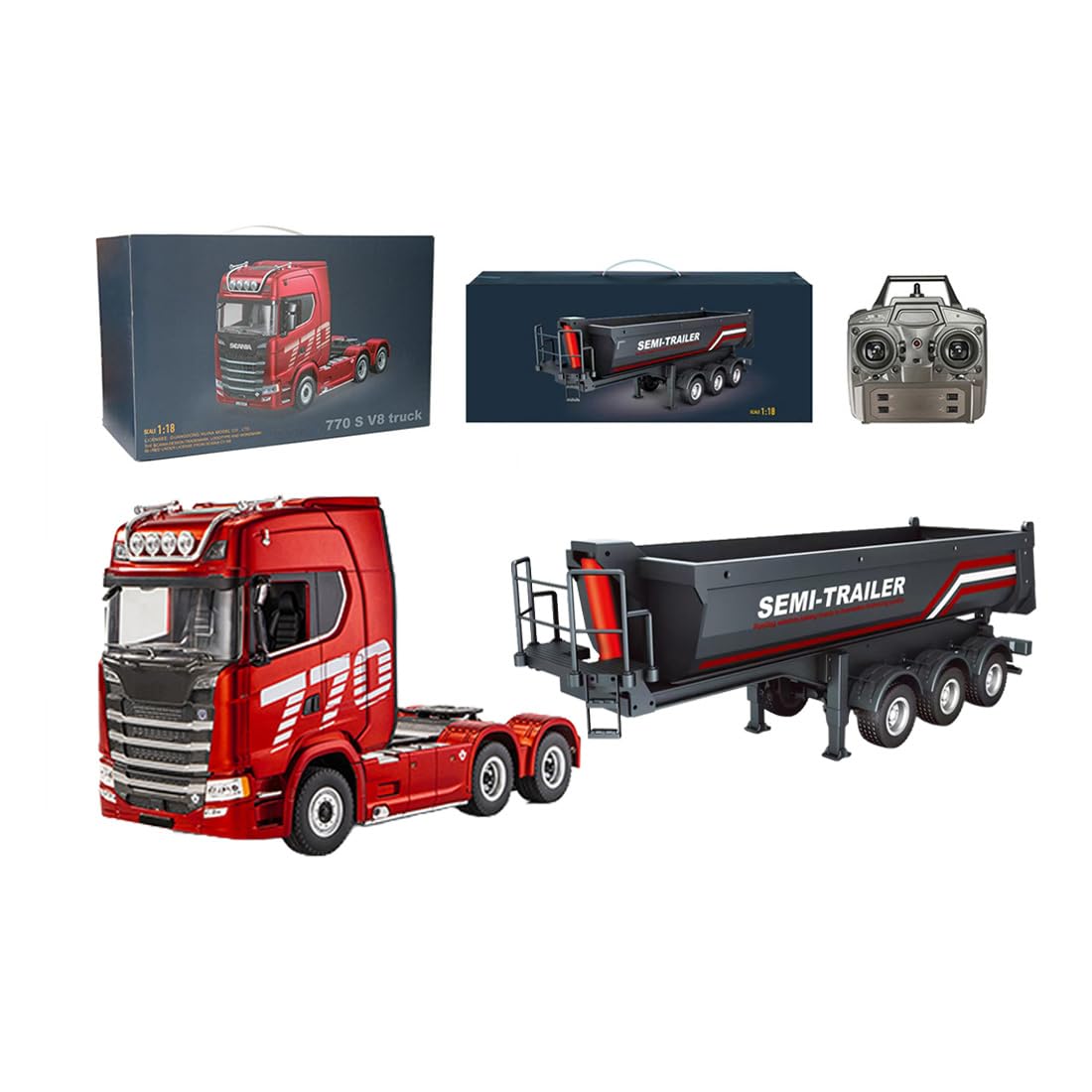 770S RC Tractor Camión 1:18 Camión Auto con Remolque RC 19CH Luces Efectos de Sonido Control Remoto Camión RC Teledirigido para Regalo Adultos 16+