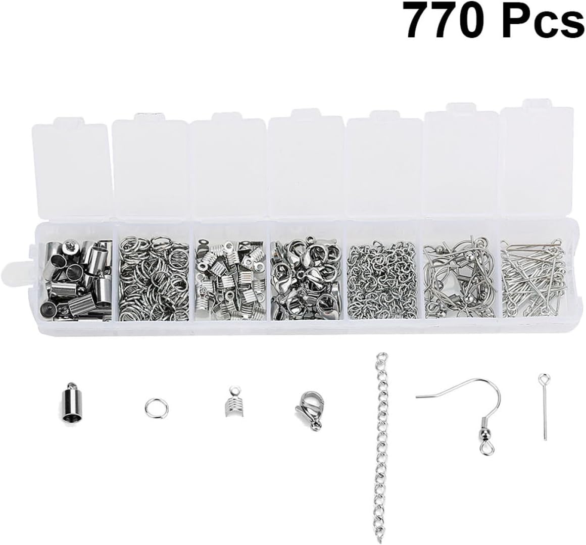 770 Pcs Stainless Steel Jewelry Tool with Open Rings Lobster Clasps Ponytail Clips Ear Hooks Pins for DIY Crafting Accessories with Plastic Storage Box for Bracelets and Necklaces