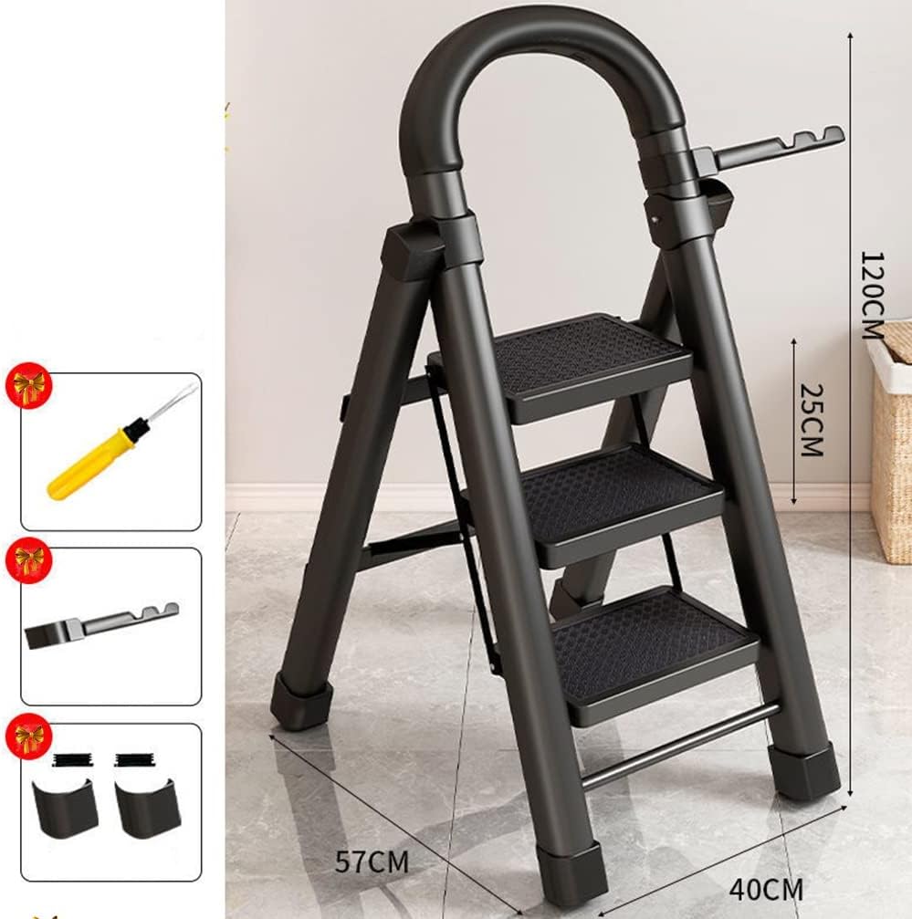 Folding Step Stool with Wide Non-Slip Pedal Tool Holder Safety Handrails 330lb Capacity Step Ladder for Home and Kitchen (Color : Black, Size : 3 Step)