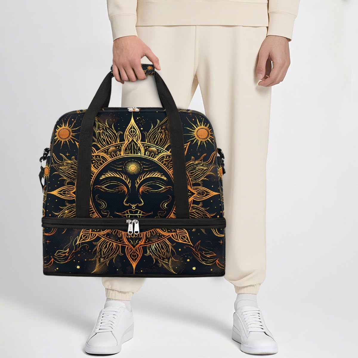 Borsone da viaggio pieghevole con mandala dorato e viso di sole, borsa da palestra espandibile con scomparto per scarpe, grande capacità, borsa da weekender, per viaggi, sport, viaggi notturni