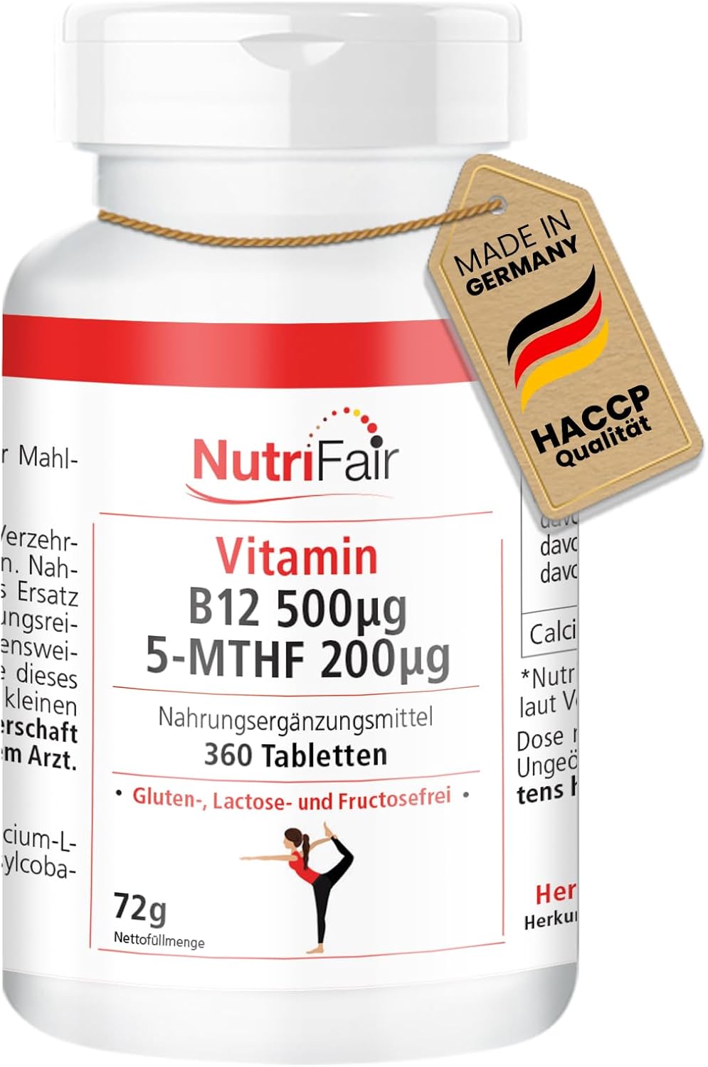 Vitamine B12 500μg 5-MTHF 200μg – 360 tabletten – methylcobalamine – actief foliumzuur – hoge dosis – 100% veganistisch – Duitse productie & laboratoriumtest – NutriFair | Premium & Fair