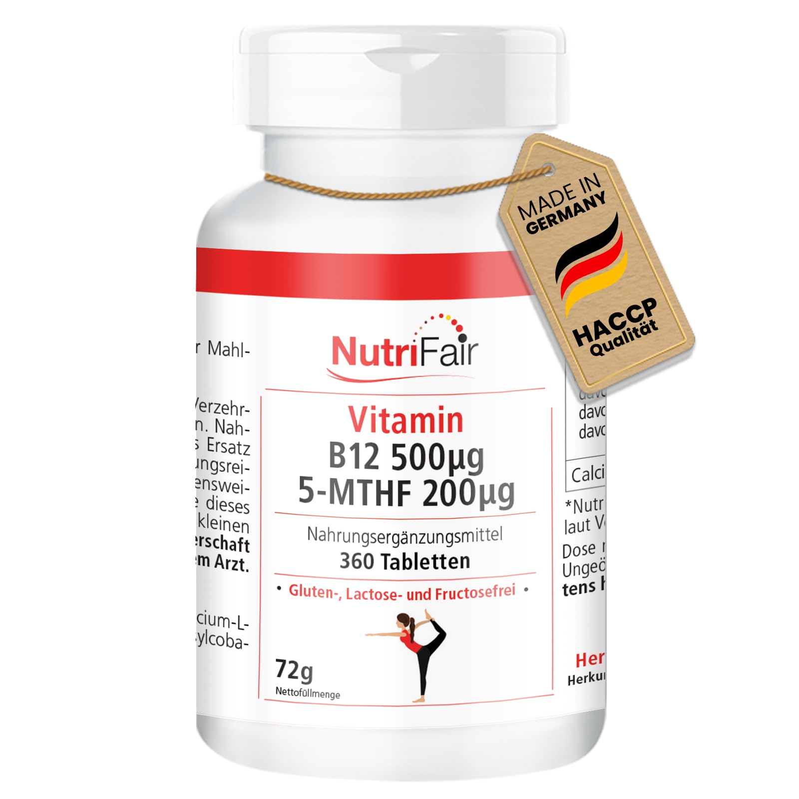 Vitamine B12 500μg 5-MTHF 200μg, 360 Comprimés, Méthylcobalamine, Acide folique actif, Hautement dosé, 100% Vegan, fabrication allemande & Tests en laboratoire, Premium et équitable