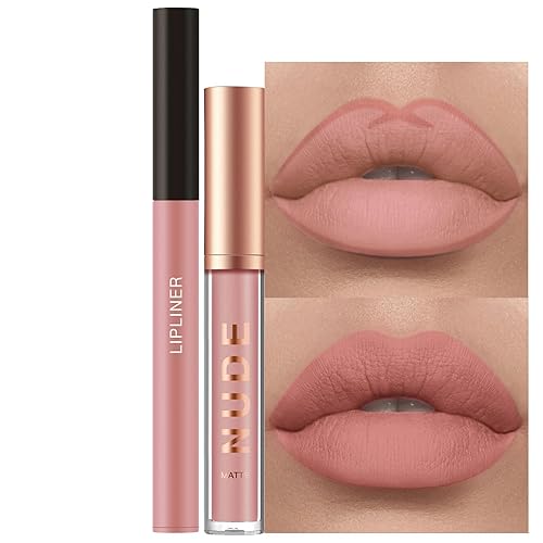 Rosarden Juego de lápiz labial y delineador de labios nude, 2 unidades, color crema mate, de larga duración, impermeable, delineador de labios
