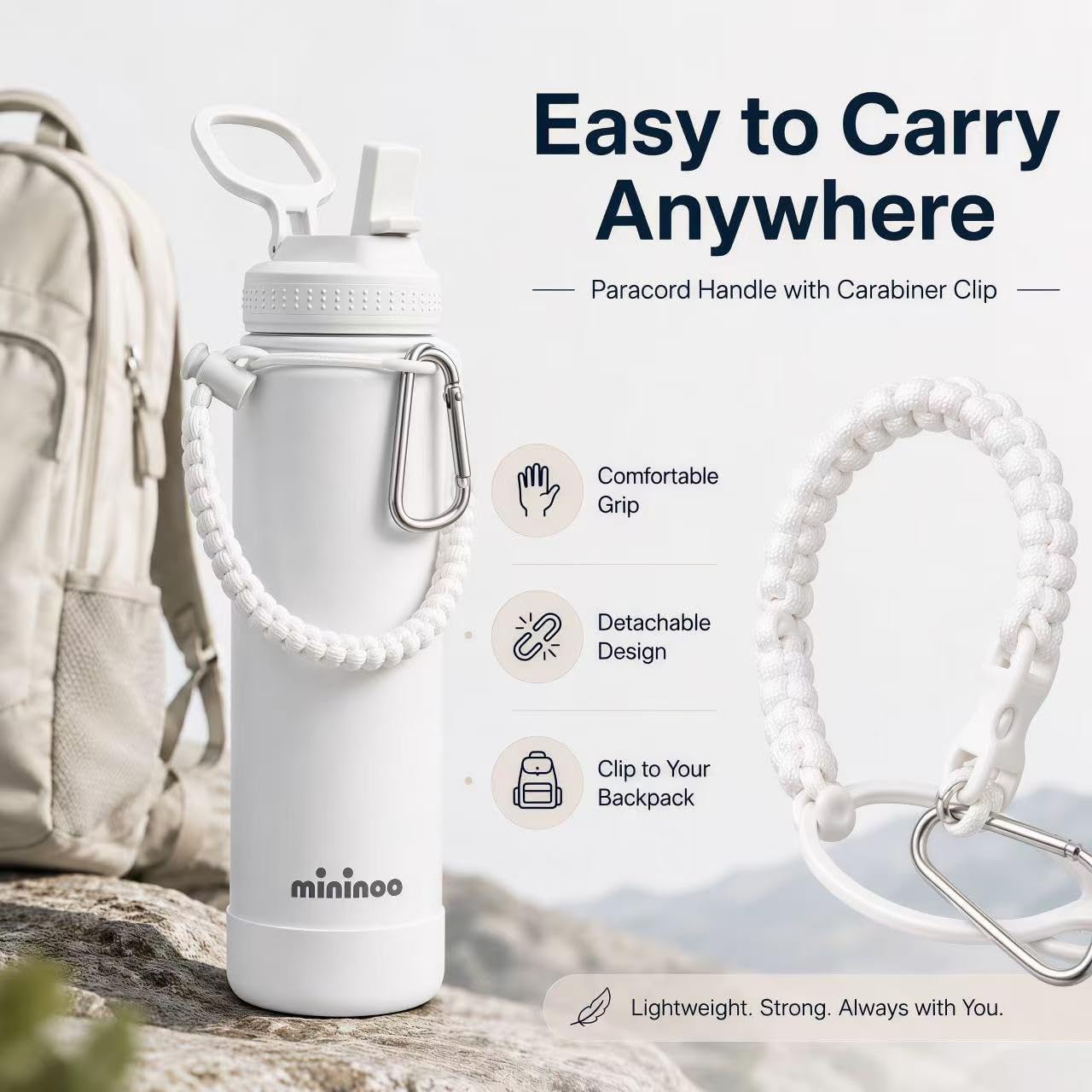 mininoo 24 oz Insulated Stainless Steel Water Bottle with Straw, White