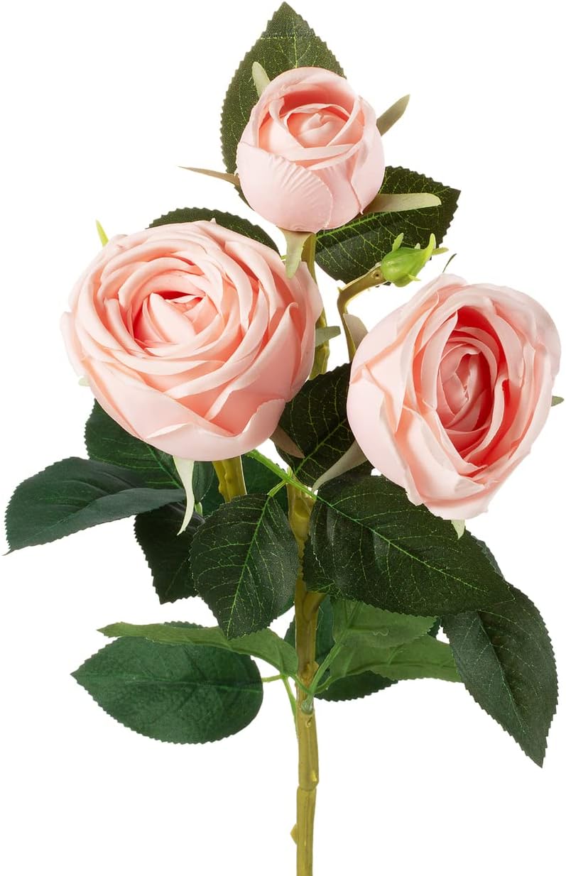 ENOVA FLORAL Pink Single Stem Rose Artificial Flowers with 3 Heads Silk Rose Flowers Artificial Bouquet for Wedding Home Party Decor (2 Pack)