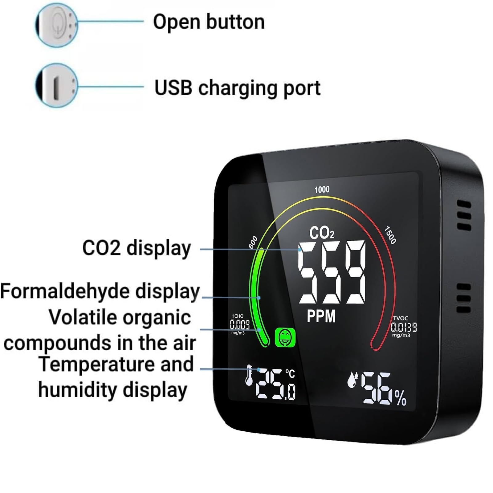 Medidor CO2 Detector CO2 Gas, 5 en 1 Detector de CO2 con Pantalla LED Medidor de Humedad y Temperatura TVOC HCHO Dormitorio Oficina Coche focombance1