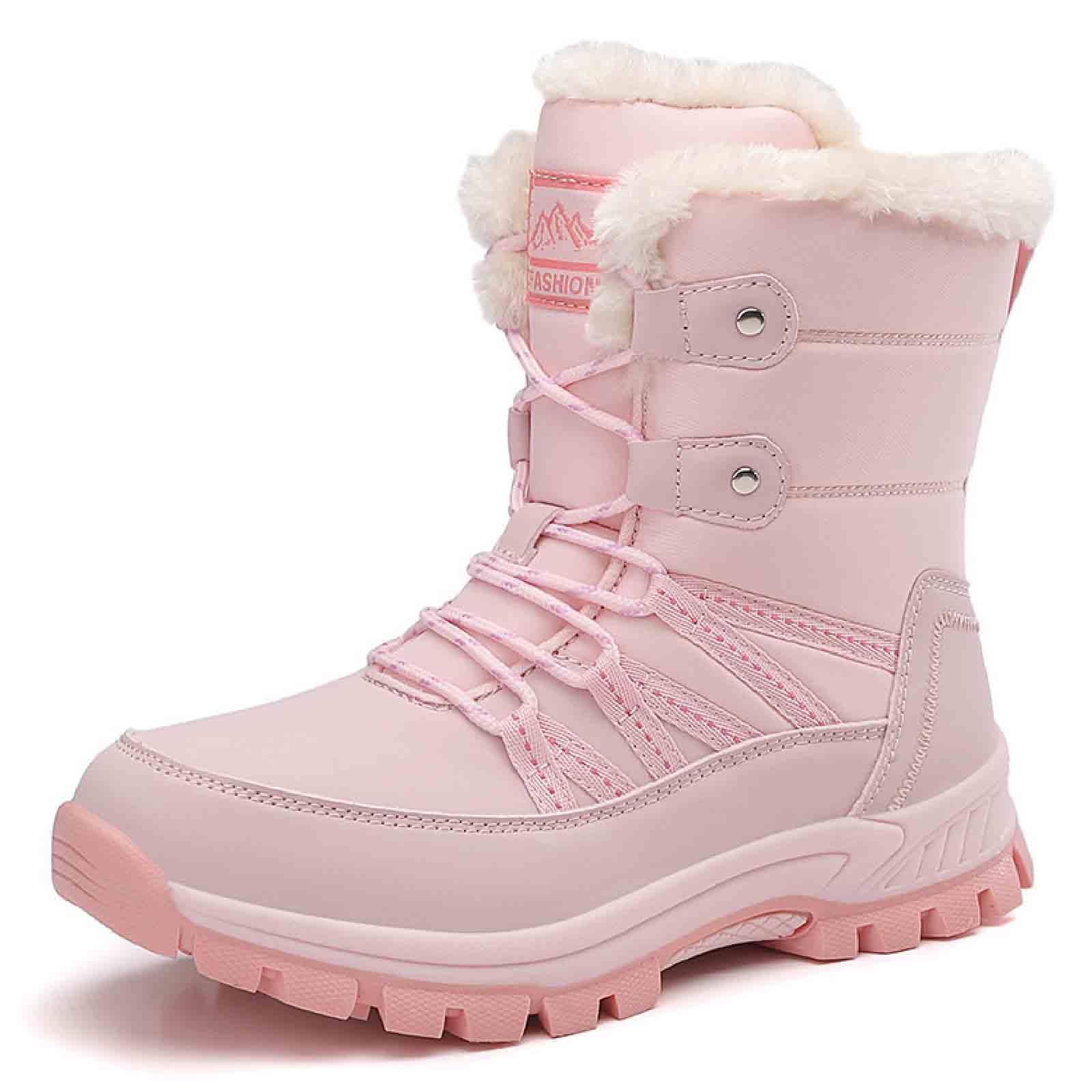 Womens Fur Lined Waterproof Snow Boots Winter Lace-Up Comfor Light Fur Lined Anti-Slip Platform Ankle Booties Winter Outdoor