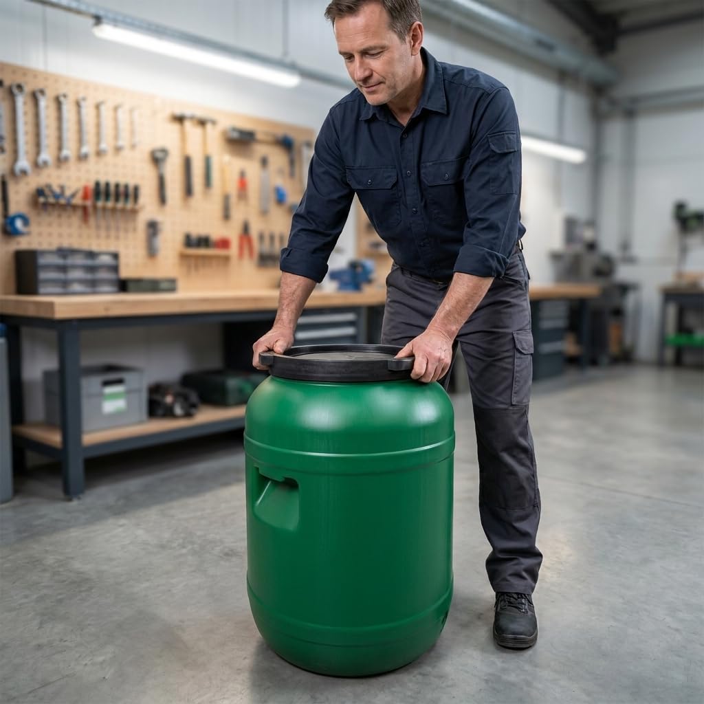 plasteo Fût à col large de 80 l avec couvercle de qualité alimentaire - Fût universel en polyéthylène haute densité avec bouchon à vis - Pour nourriture, stockage et transport - Vert - Rond