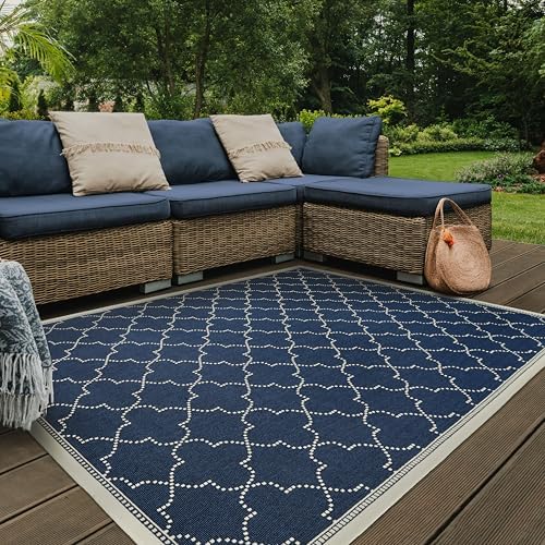 Oriental Weavers Marina Indoor/Outdoor Rug - 6025P - 8'6" x 13' - in Navy/Ivory - Moroccan Style, Water, Stain and Fade Resistant, Hose Clean, Patio, Outdoor Living Area Rug