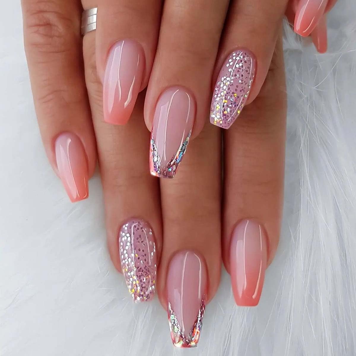French Tip Press on Nails Coffin Fake Nails Glitter with Gradient Design Medium False Nails Acrylic Nails Glossy Press Ons Artificial Glossy Stick on