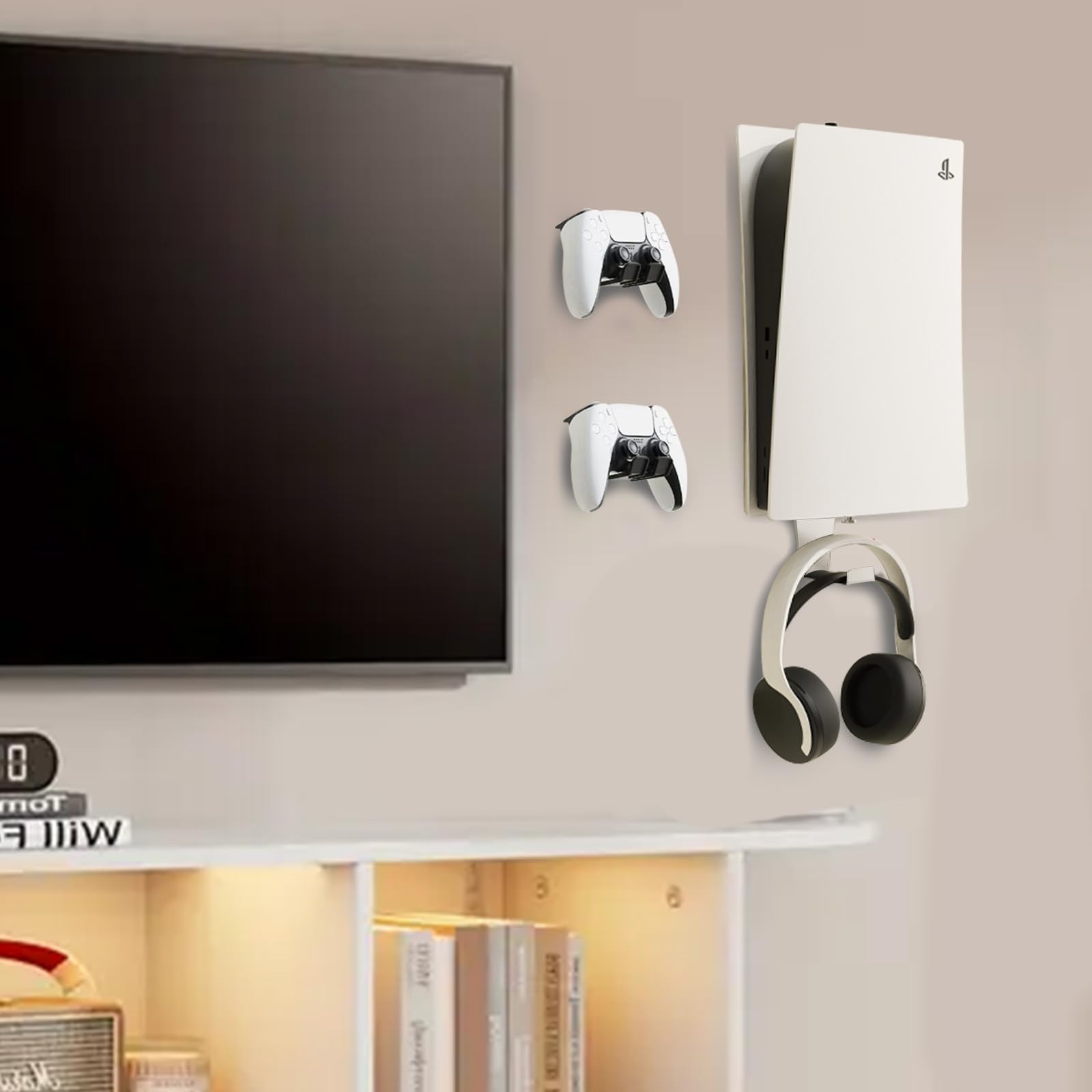 PS5 Wall Mount, Heavy-Duty Steel Mount Kit for Protection & Cooling with 2 Controller Holder and Headset Holder,Compatible with All PS5 Models Including Slim, Pro, Original. (White) — view 6
