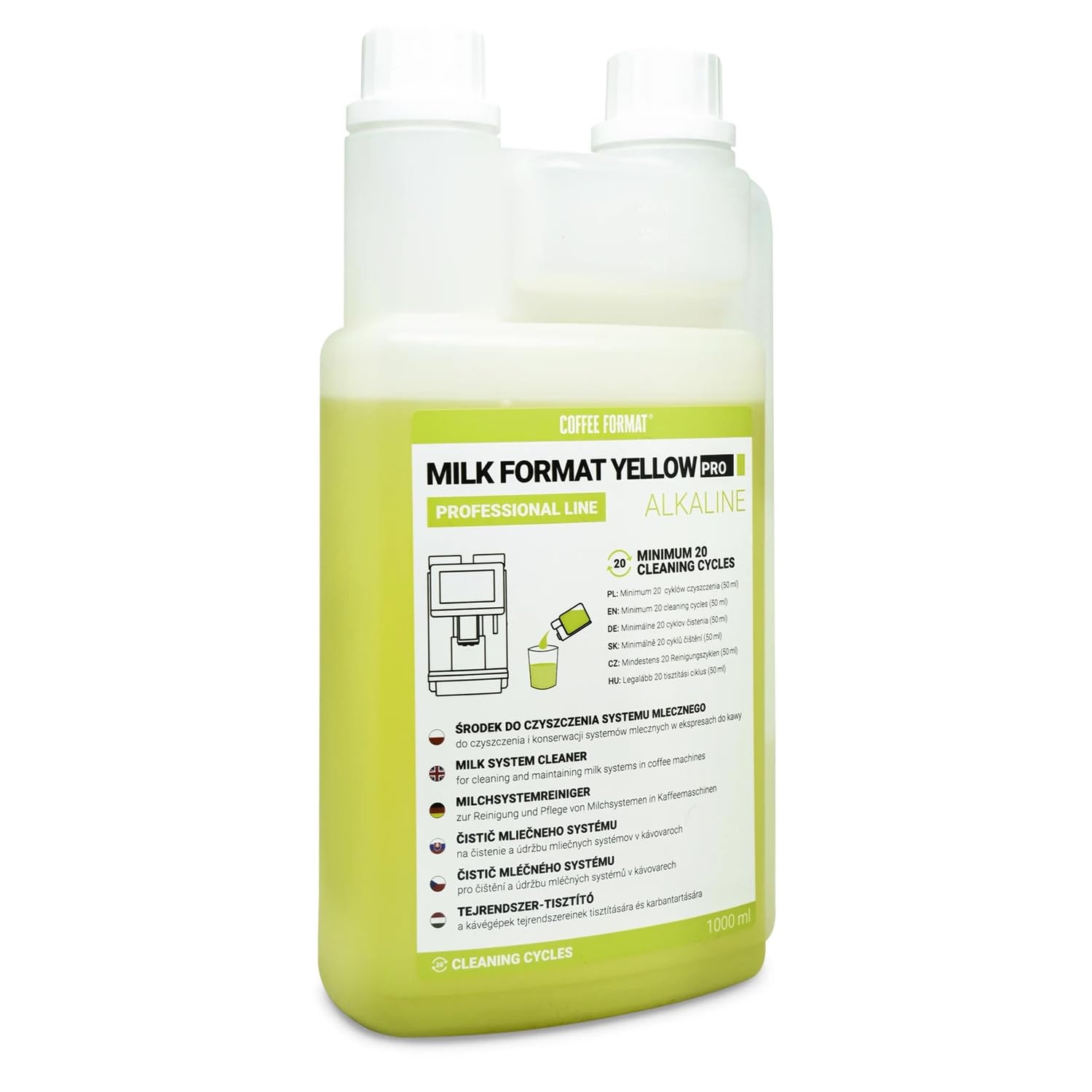 MILK FORMAT YELLOW PRO: Líquido Alcalino para la Limpieza del Sistema de Leche, 2 x 1 L de Concentrado para el Espumador de Leche, Botella con Medidor, Elimina los Residuos Proteicos