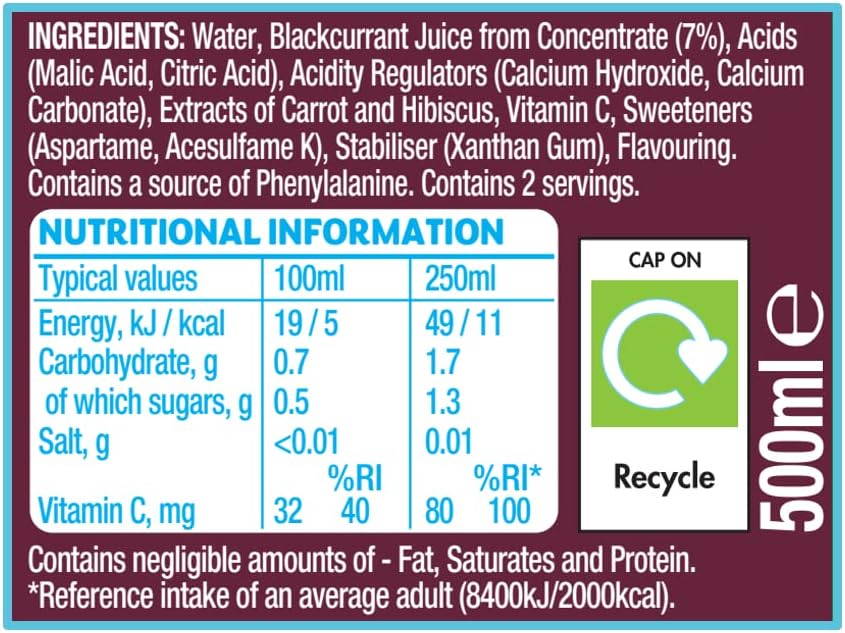 Ribena Blackcurrant Juice Drink No added Sugar 500ml - Multipack of 12 | Real British Blackcurrants | Rich in Vitamin C | No Artificial Colours | Low Calorie |100% Recycled Plastic Bottle