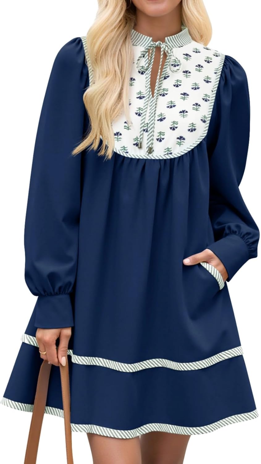 Wenrine Womens Casual Floral Mini Dress 2025 Fall Long Sleeve V Neck Patchwork Loose Boho Shirt Dresses A-navy Large